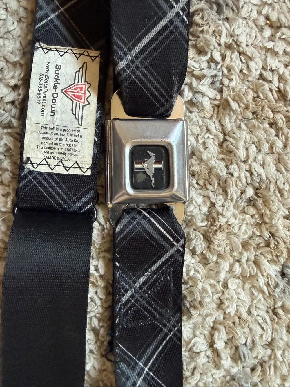 Buckle-Down Black and Gray Plaid Seatbelt-Style Belt with Metal Buckle